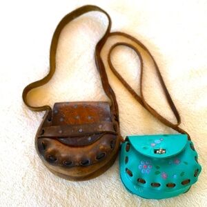 TWO VINTAGE TOOLED LEATHER SMALL CROSSBODY BAGS PURSES